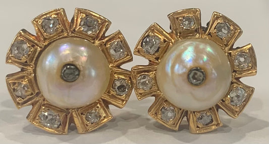 Pearl & 0.34ctw Diamond Old Miners Cut 18KY 6.20gr Victorian Earrings 1890s