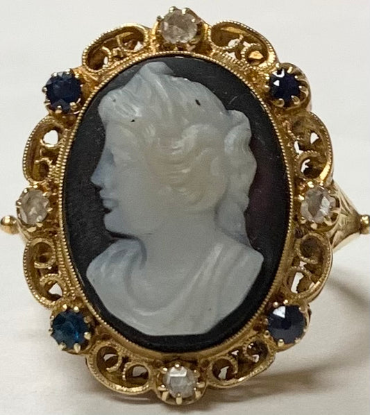 18K Cameo & Diamond Victorian Ring 7.4gr .20ct(dia) Rose Cut 1880s
