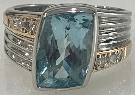 PT Aquamarine & Diamond Ring 9gr 3.42ct(aq) 0.14ct twt(dia) Circa 1970s