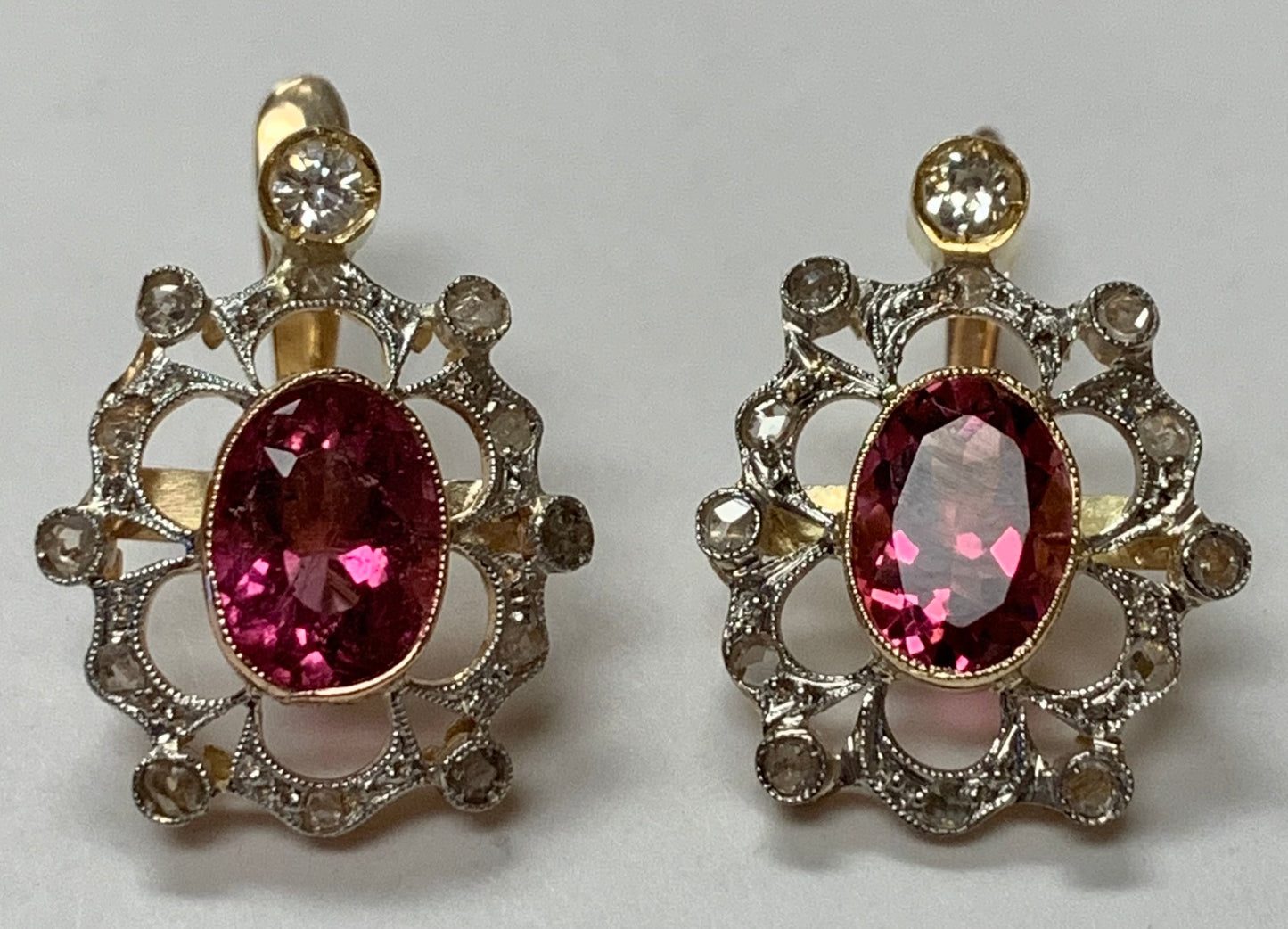 18K2T Tourmaline Diamond Edwardian Earrings 4.6gr 2.40ct(tm) 0.90ct(dia) 1900s