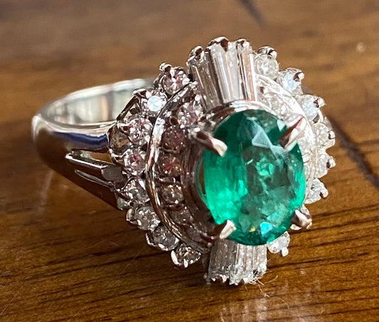 .98ct Emerald & 0.56ctw Diamond Ring Circa 1970s Size 5.75