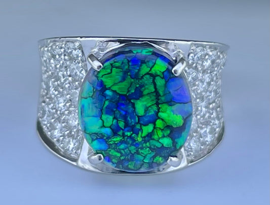 PT Black Harlequin Opal & Diamond Ring 13.7gr 3.48ct(op) 1.33ct twt(dia)