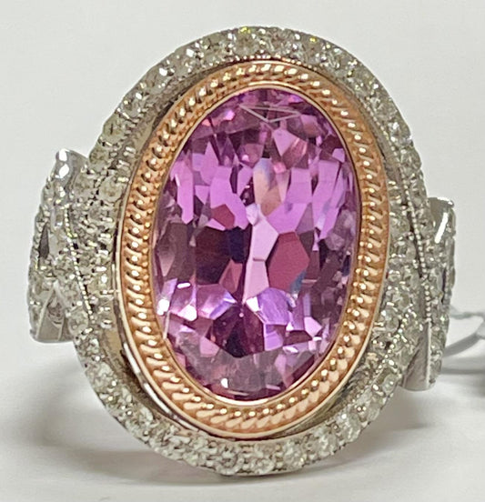 13.50ct Kunzite 1.05ct Diamond 14K 2 Tone Estate Ring 11.8g 6.75 Size