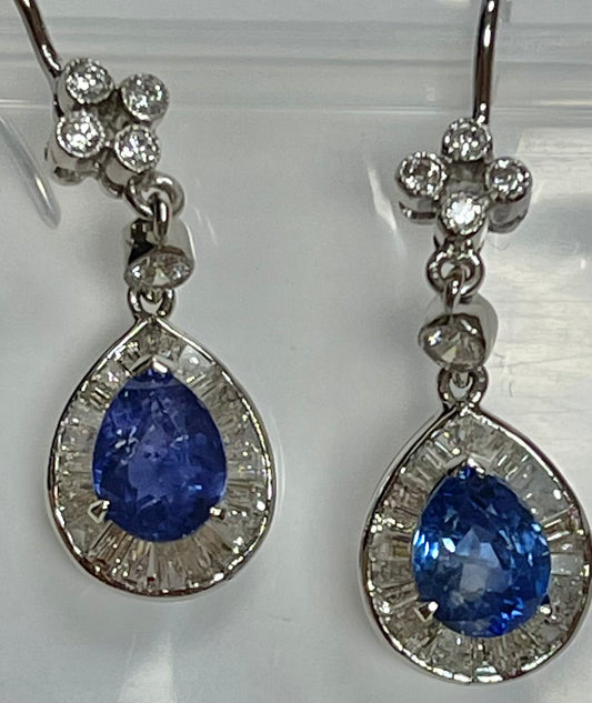 2.45ct Sapphire &  1.55ctw Diamond 18KY White Gold 3.10gr Earrings