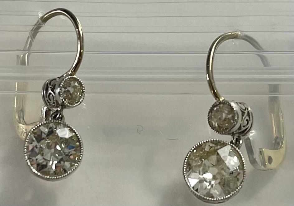 1.78ct (2 Old European Diamonds) .32ct SD Handmade Earrings PT+18KY