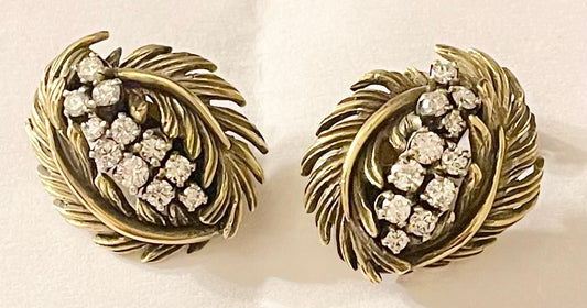 14KY 1.10ct Diamond Leaf Earrings 13.5gr Circa 1970s 1"