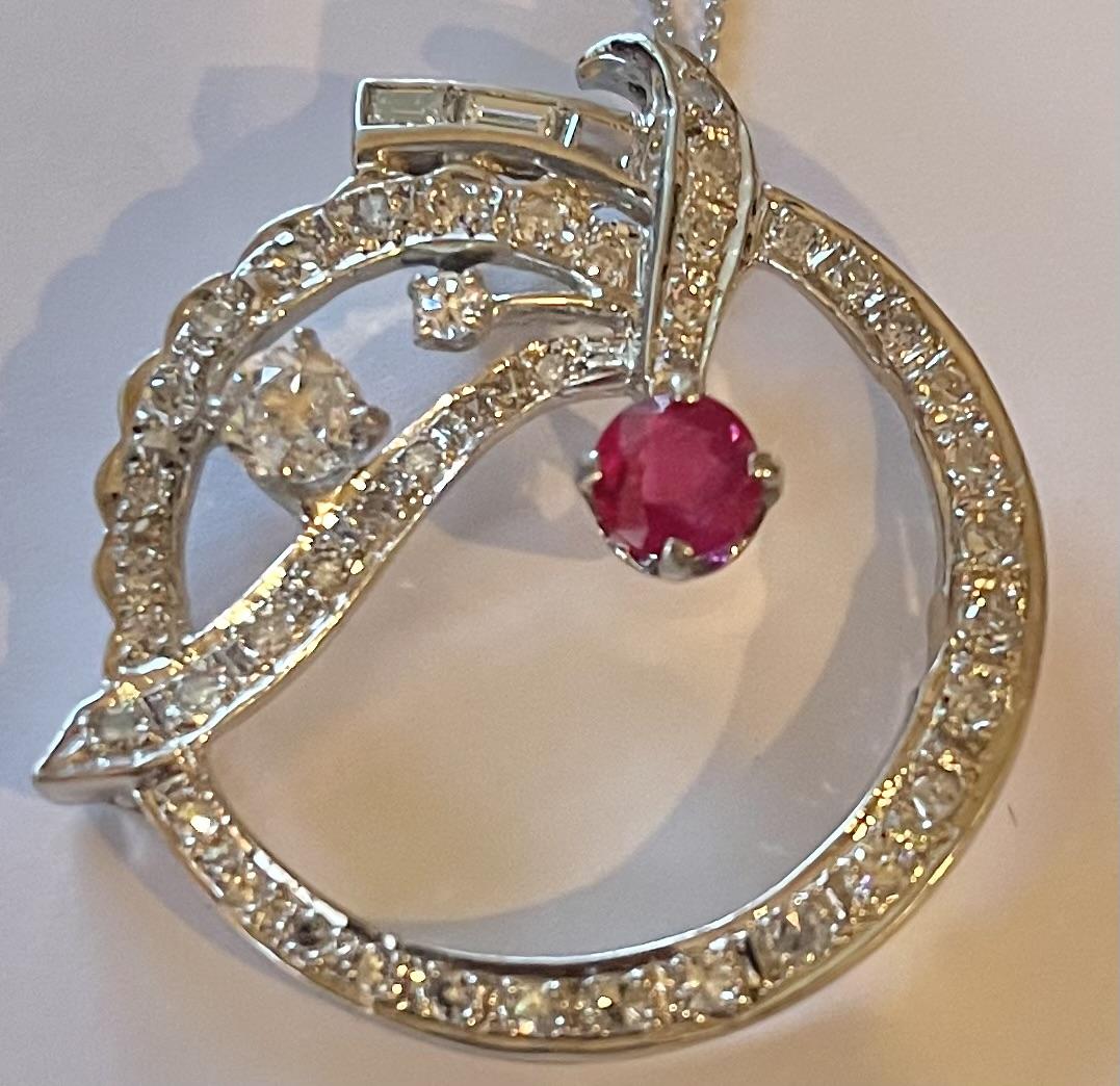 Art Deco (Circa 1930s) 1ct Burma Ruby (No Cert) 2.40ct Diamond 18KW Gold Pendant