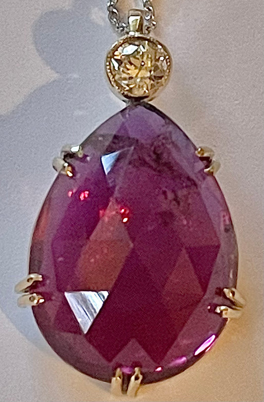 14K Rubelite Tourmaline &  Diamond Pendant Handmade 14.62ct(rub tourm) 0.23ct tw