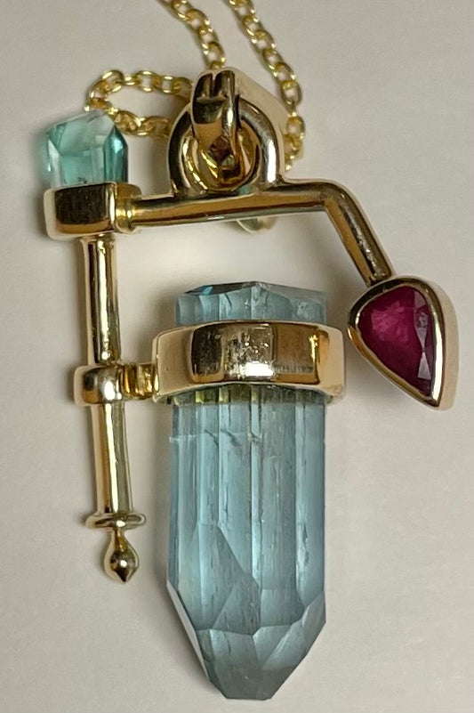 14K Aquamarine & Ruby Pendant 7.7gr 20.00ct(aq) ESTATE Length 16 Custom Made