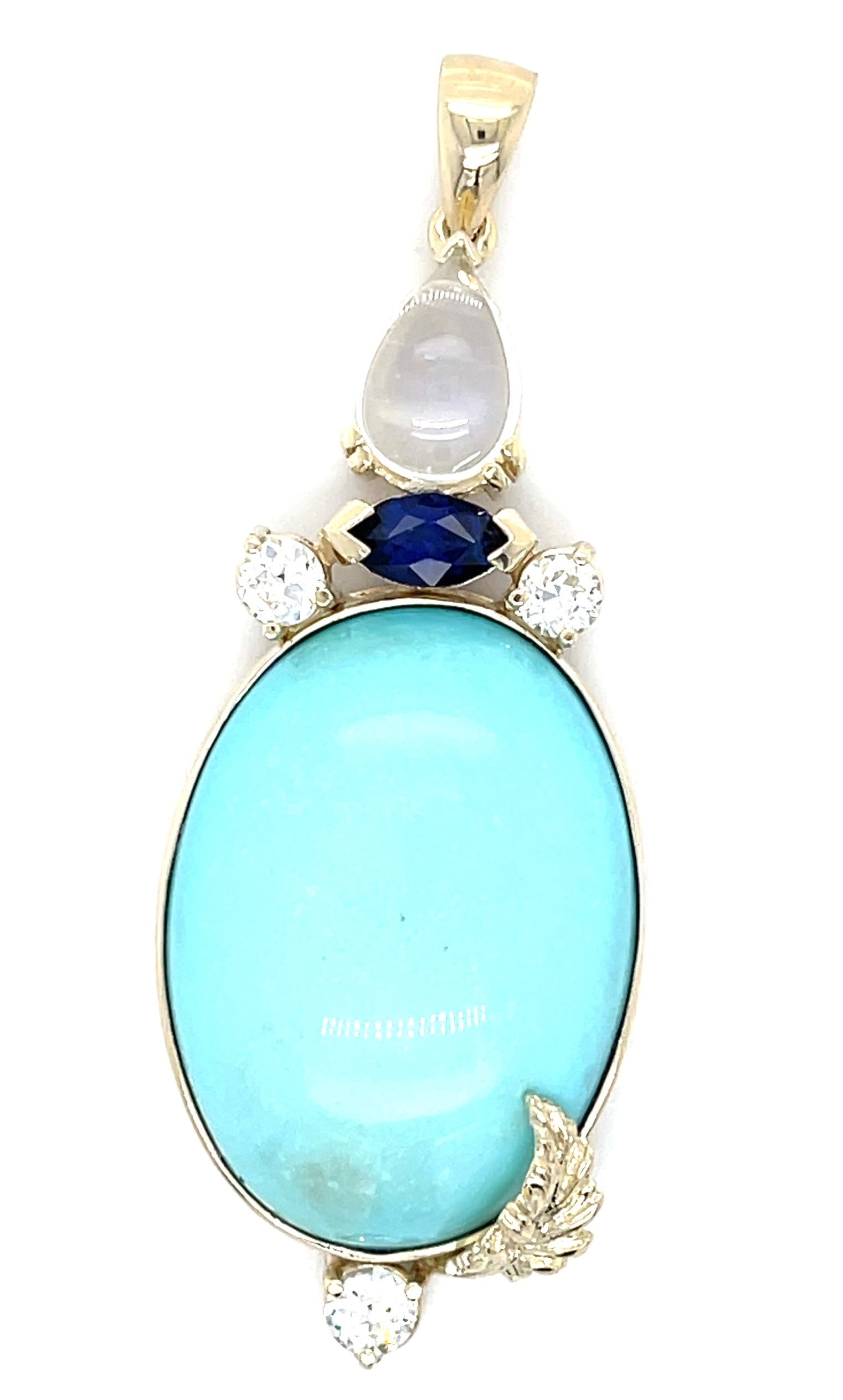 31.10 Turquoise &  1.00ctw Sapphire 14KY 14.90gr Pndnt Dia .70ct Moonstones