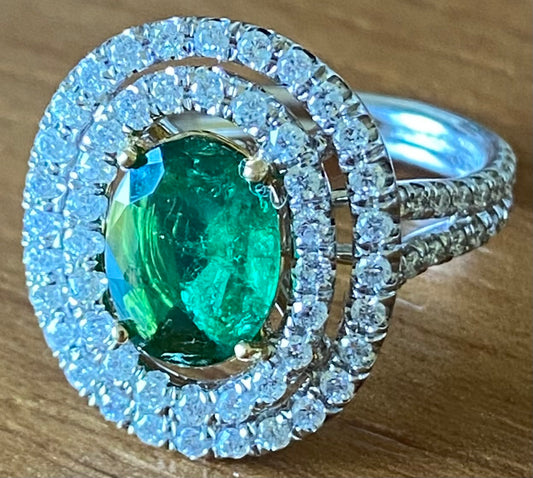 1.32ct Emerald &  1.60ctw Diamond 18KW 2 Tone Gold Ring