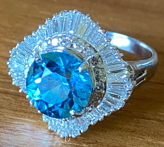 3.56ct Blue Zircon & 1.18ctw Diamond PT 7.30gr Ring Circa 1980s