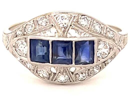 .60ct Square Sapphires .55ct Diamonds Platinum/18KW Vintage Ring