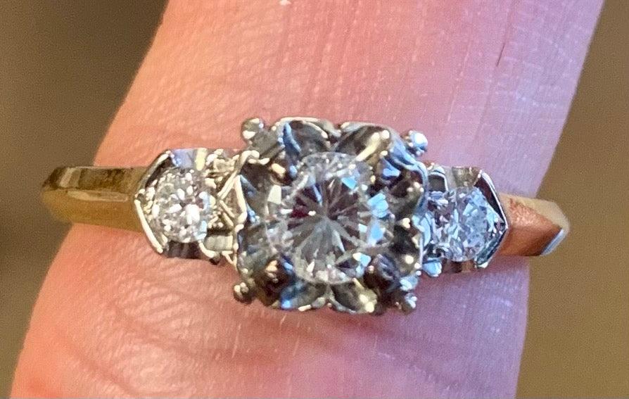 1940s Ring  14KY 2 Tone Diamond .36 carats | Side Diamonds .16ct