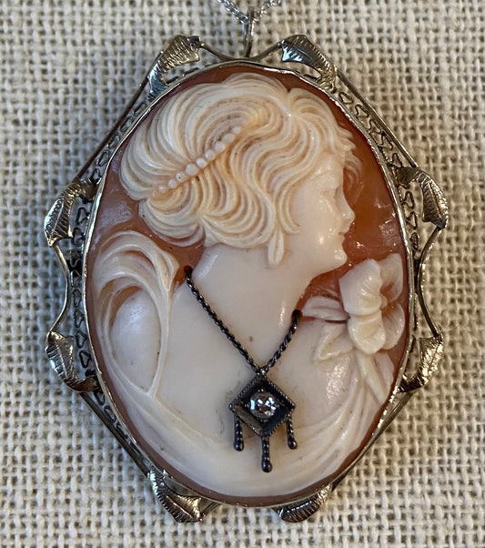 Estate  Cameo &  0.08ctw Diamond 14KY  Art Deco Pendant Circa 1930s Length 16