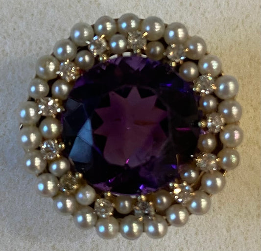 18.00ct Amethyst & 0.36ctw Diamond 14KY 12.00gr Ring Circa 1930s Pearls
