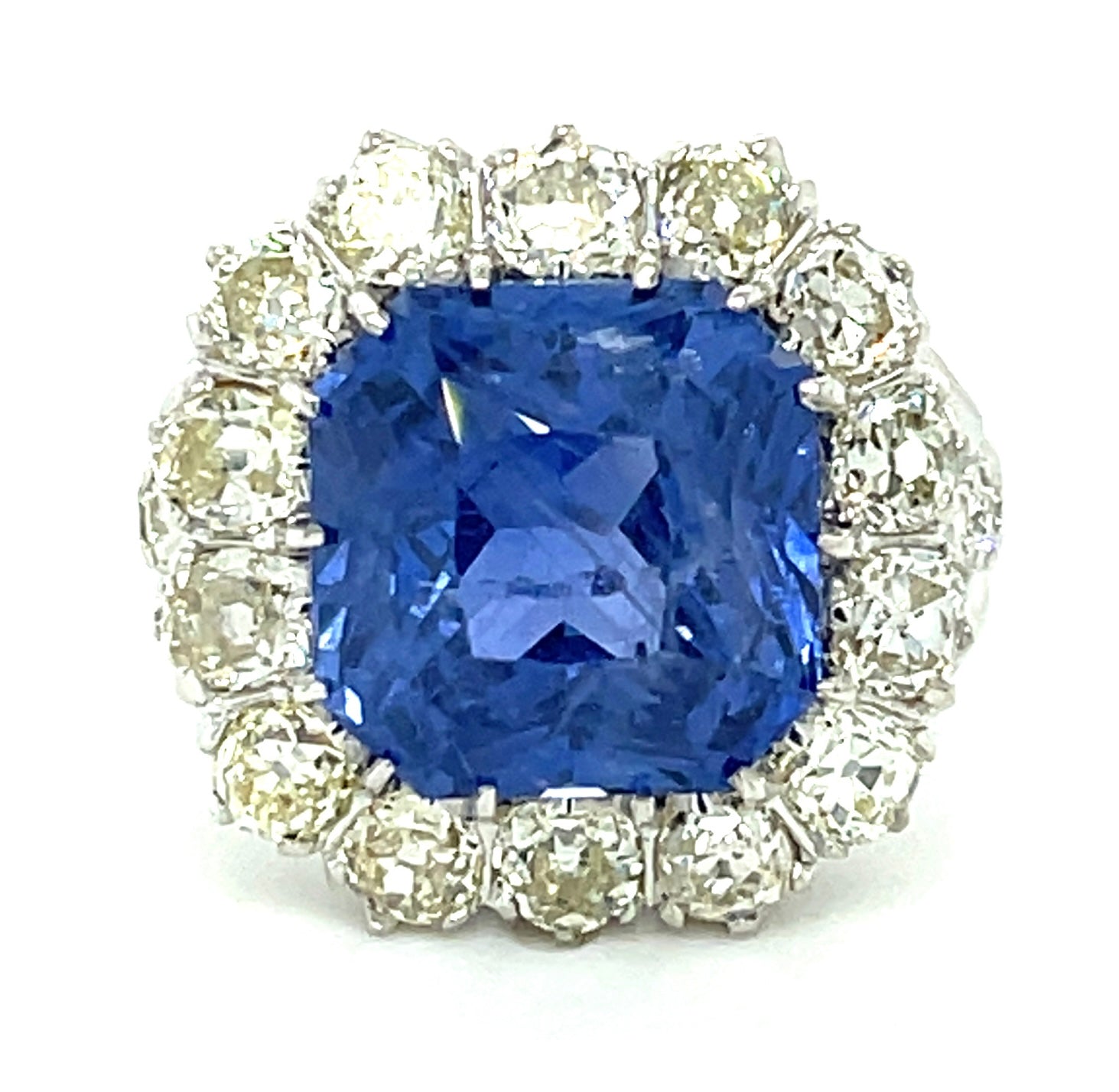 10.03ct Sapphire & 2.75ctw European-cut Diamond 18KW Ring 8.44gr (Vintage 1930s)