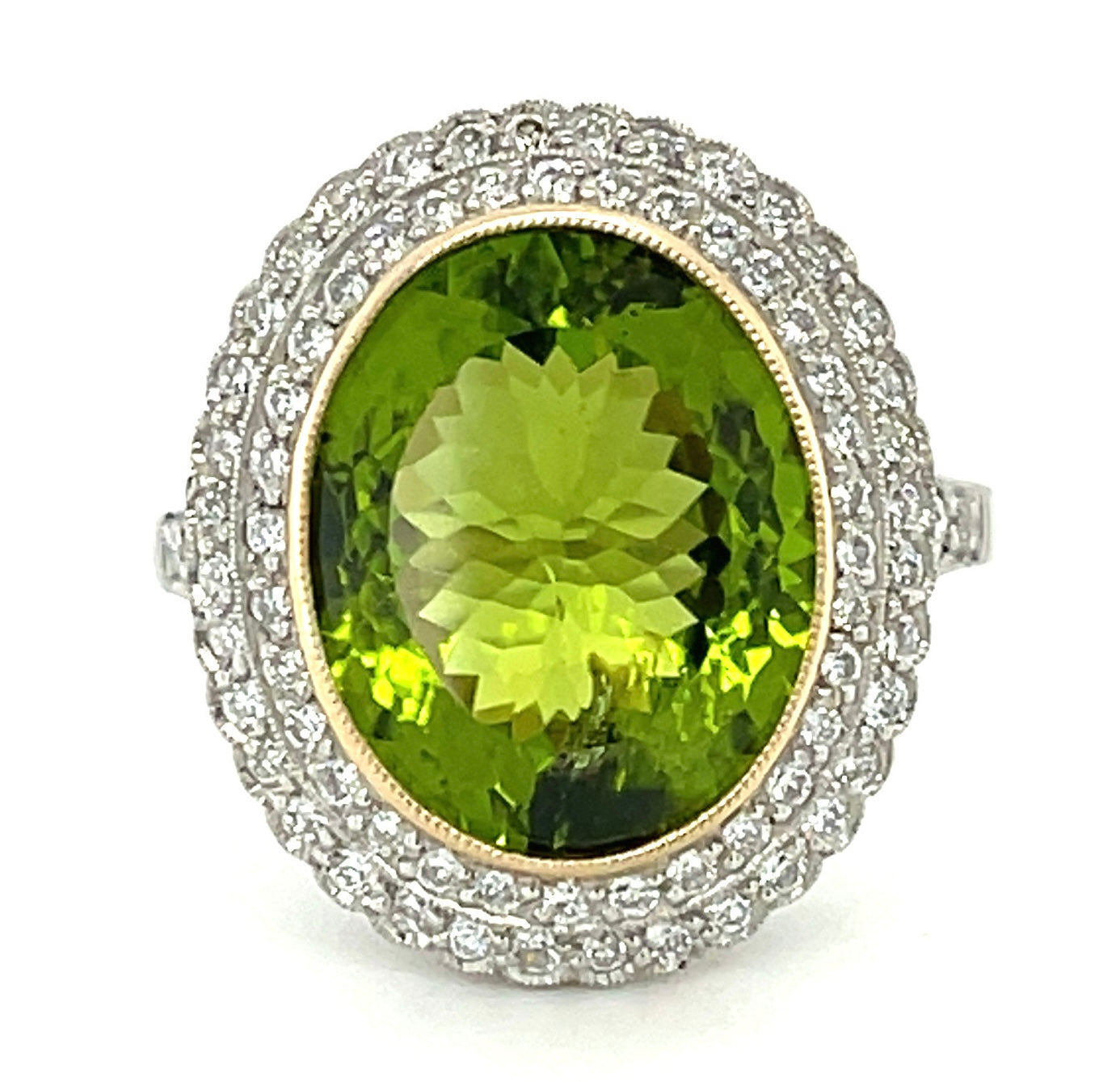 14.48ct Peridot &  0.60ctw Diamond 78 Stones PT  8.60gr Ring Size 7