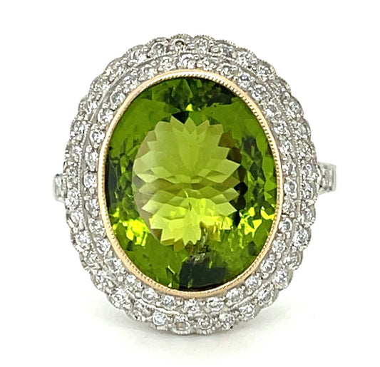 14.48ct Peridot &  0.60ctw Diamond 78 Stones PT  8.60gr Ring Size 7