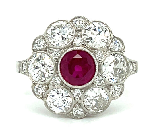 0.86ct Ruby &  1.52ctw Diamond 18 Stones PT  5.40gr Ring Size 7.25