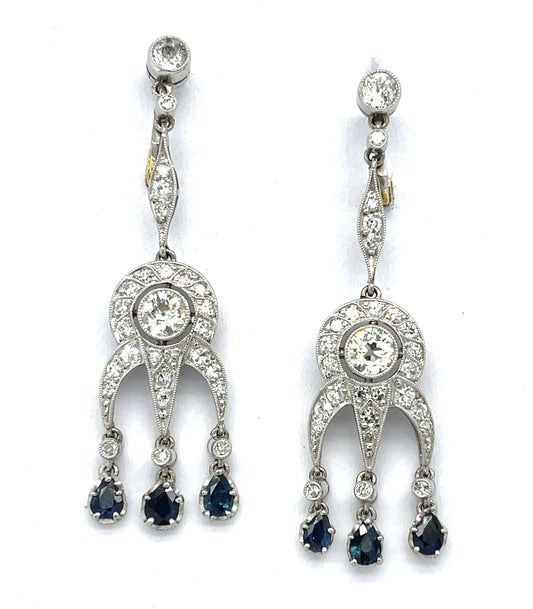 0.80ct Diamond 4 Stones &  0.90ctw Sapphire PT  7.30gr Earrings Handmade 1ct SD