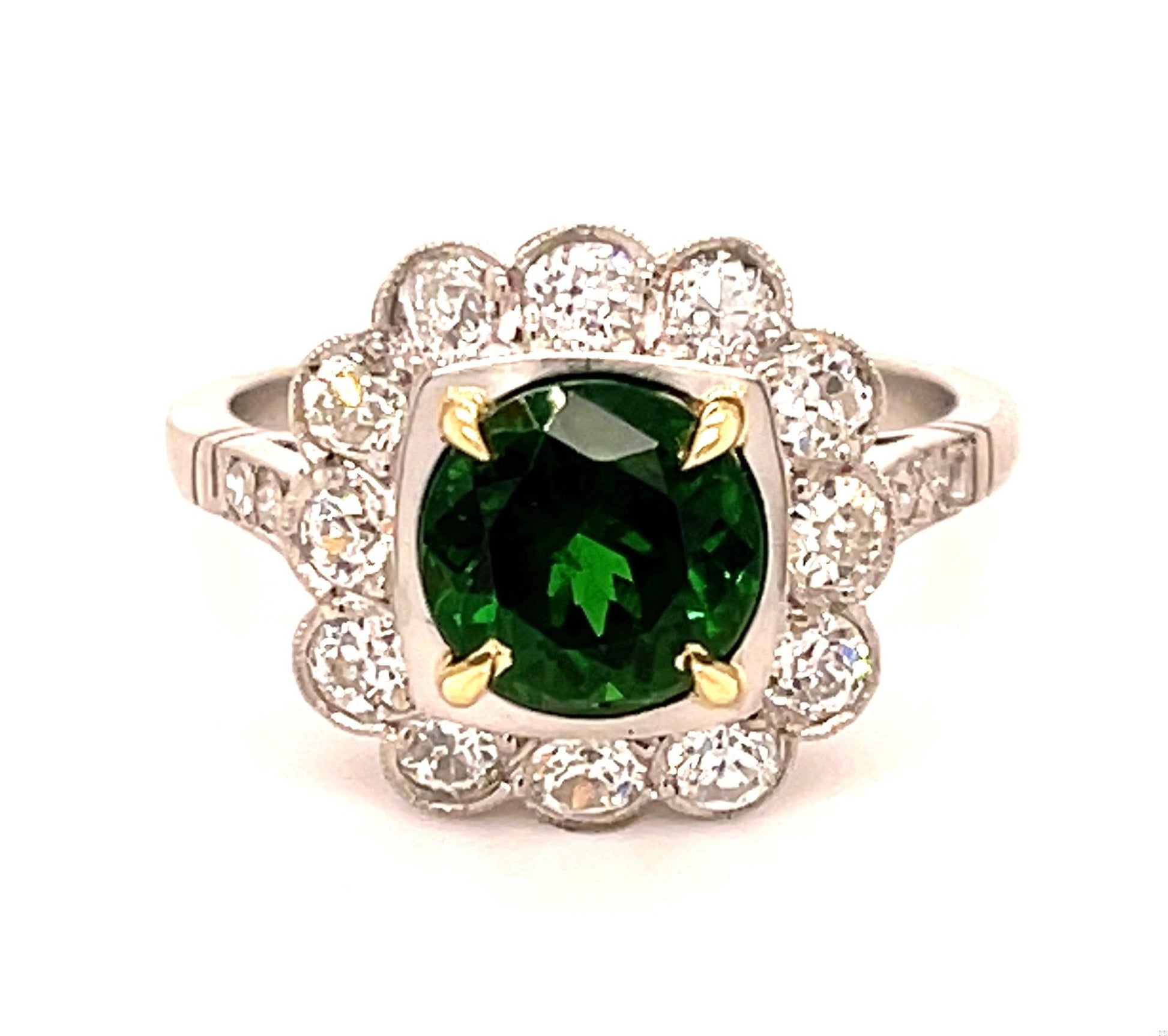 1.98ct Tsavorite Garnet 1ct Old European Cut Diamond Modern Handmade PT Ring