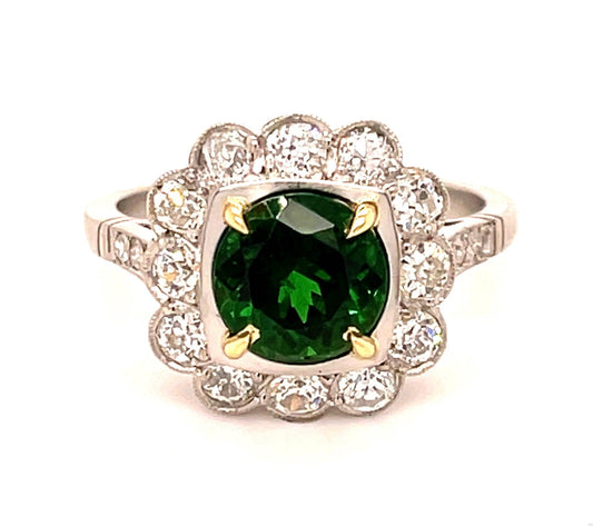 1.98ct Tsavorite Garnet 1ct Old European Cut Diamond Modern Handmade PT Ring