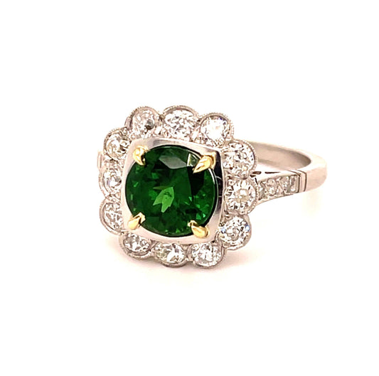1.98ct Tsavorite Garnet 1ct Old European Cut Diamond Modern Handmade PT Ring