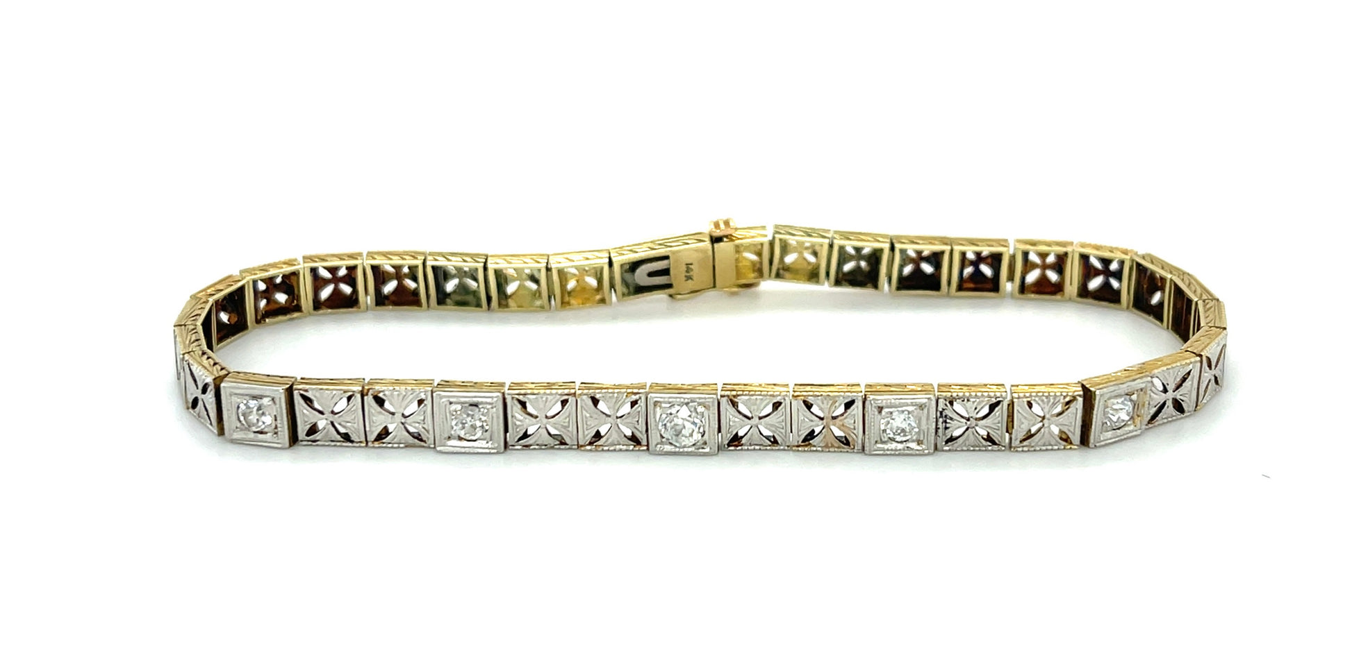 Estate  0.50ct European-cut Diamond 14KY 2 Tone Gold 13.00gr Edwardian Bracelet