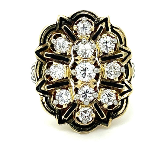 1.30ct Diamond 11 Stones 14KY Green Gold 10.40gr Ring Circa 1960s