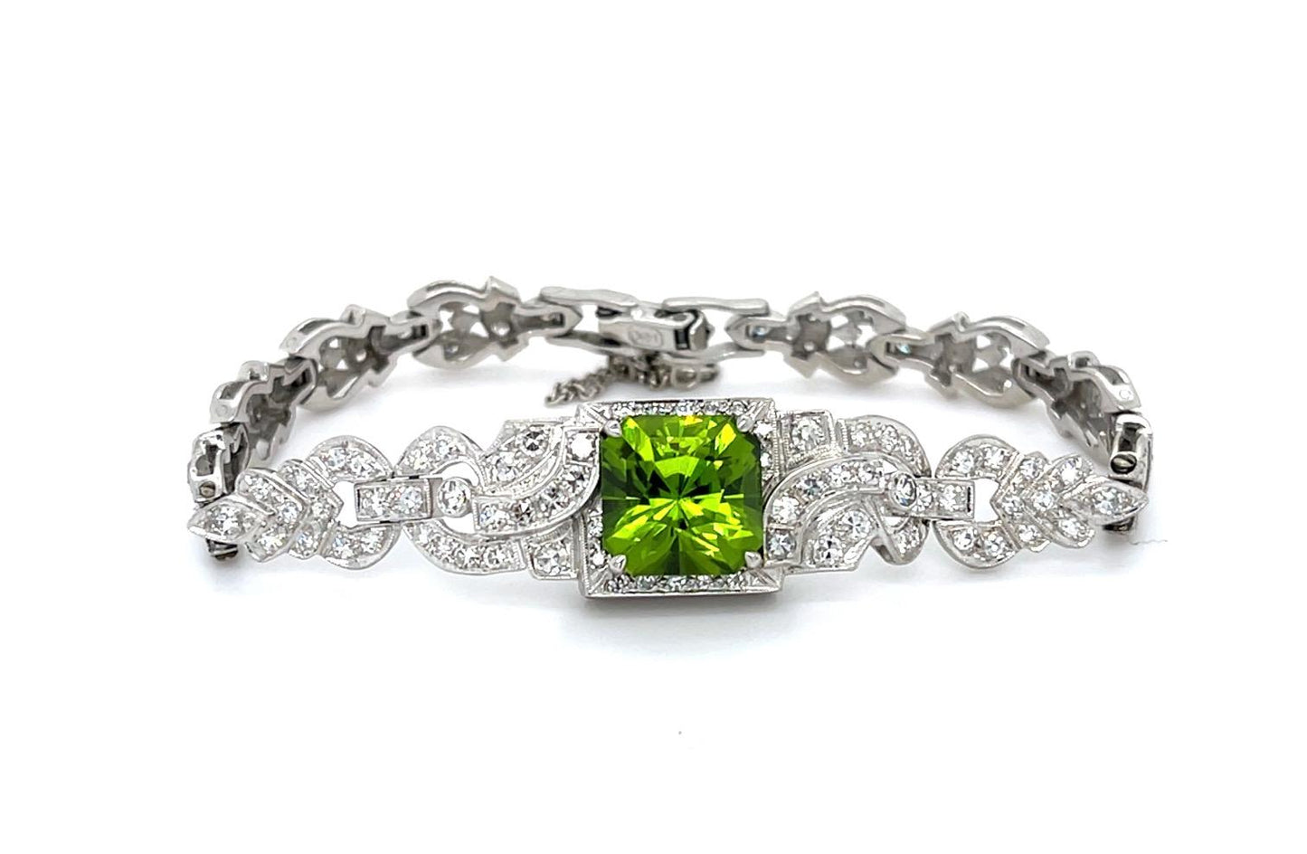 Art Deco 6.89ct Peridot Platinum Bracelet (Vintage 1930s) 3ct Side Diamonds appr