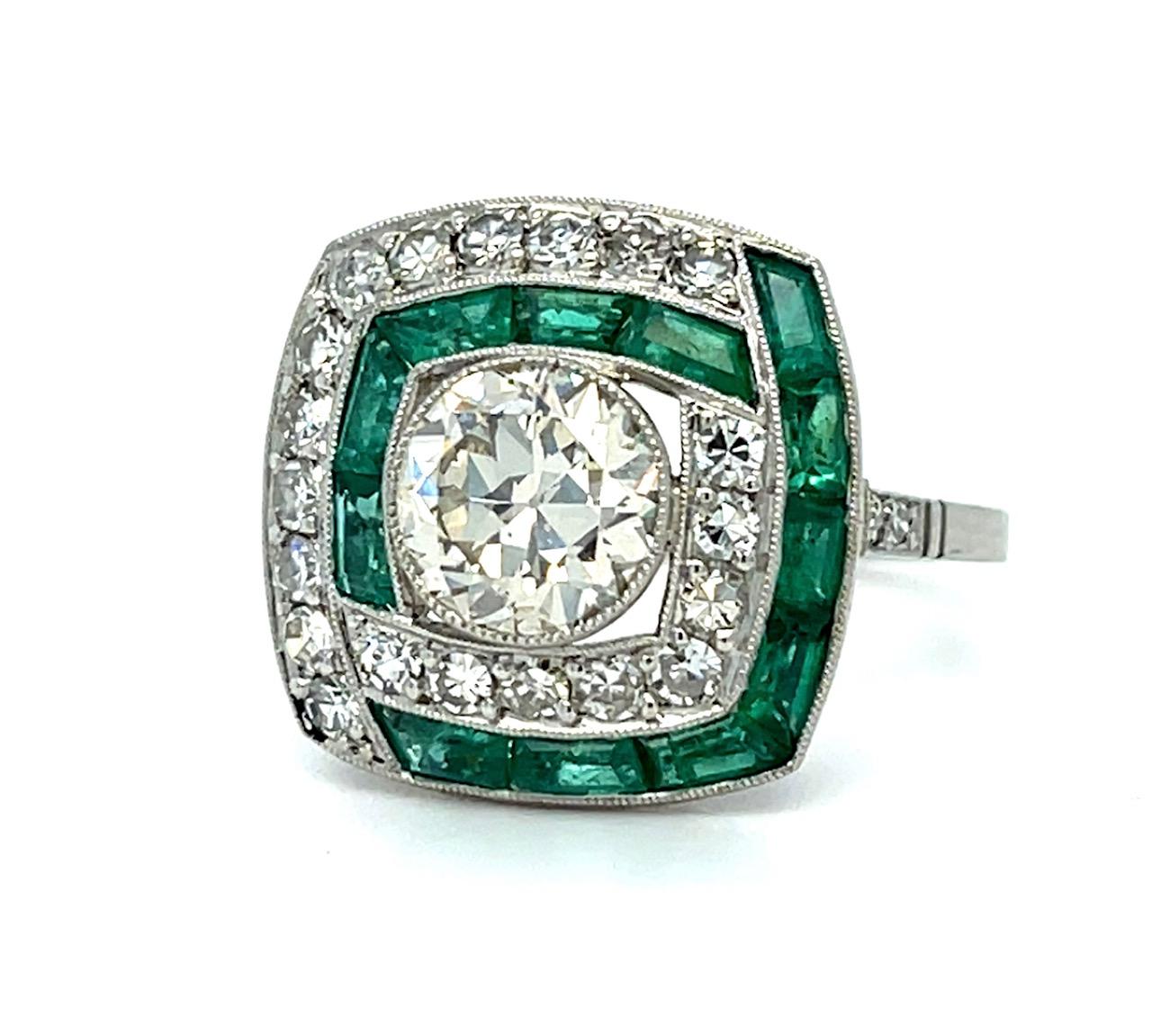 1.43ct Old European Diamond 1ct Emerald Platinum Handmade Ring .66ct SD 5.74g