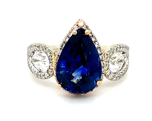 4.55ct Blue Sapphire Pear Shape 14KY Two Tone 1.30ct Diamonds Pear Shape and Round Brilliants