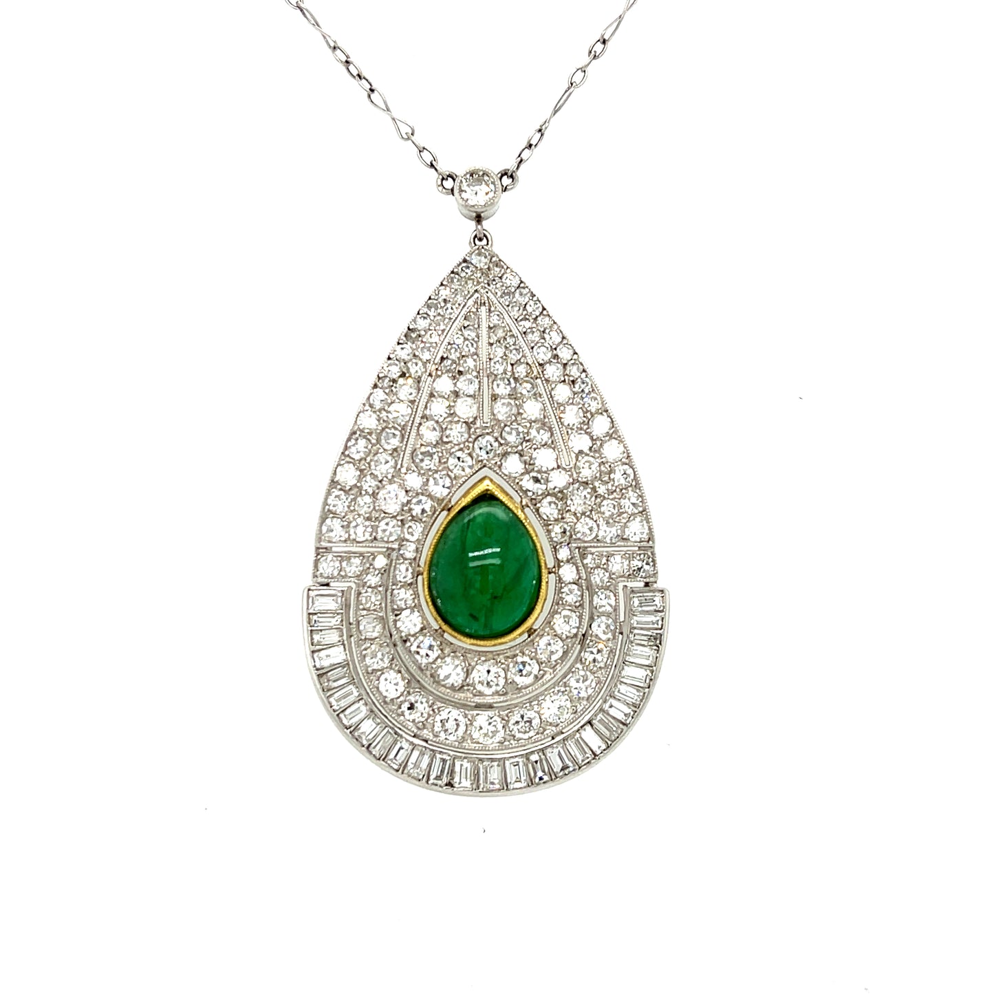 Art Deco (Circa 1930s) 2.75ct Cabochon Emerald Vintage Platinum Pendant 4.50ct Baguette, Single Cut and Old European Cut Diamonds