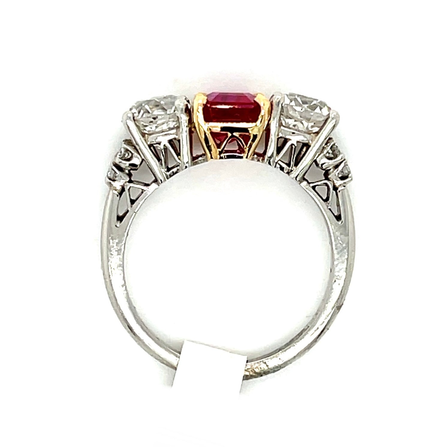 3.41ct Burma Ruby Ring (Vintage Circa 1960s) Platinum 2.05ct Old European Cut Diamond G-VS2 & F-VS2 (Two Diamonds)