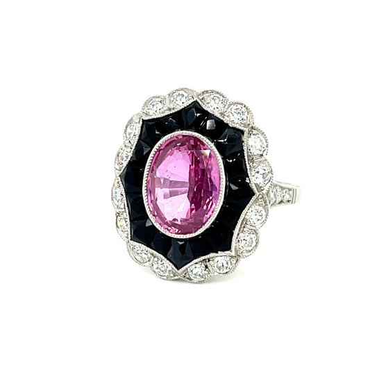3.53ct Oval Pink Sapphire, Onyx .73ct Diamond Platinum Handmade Ring