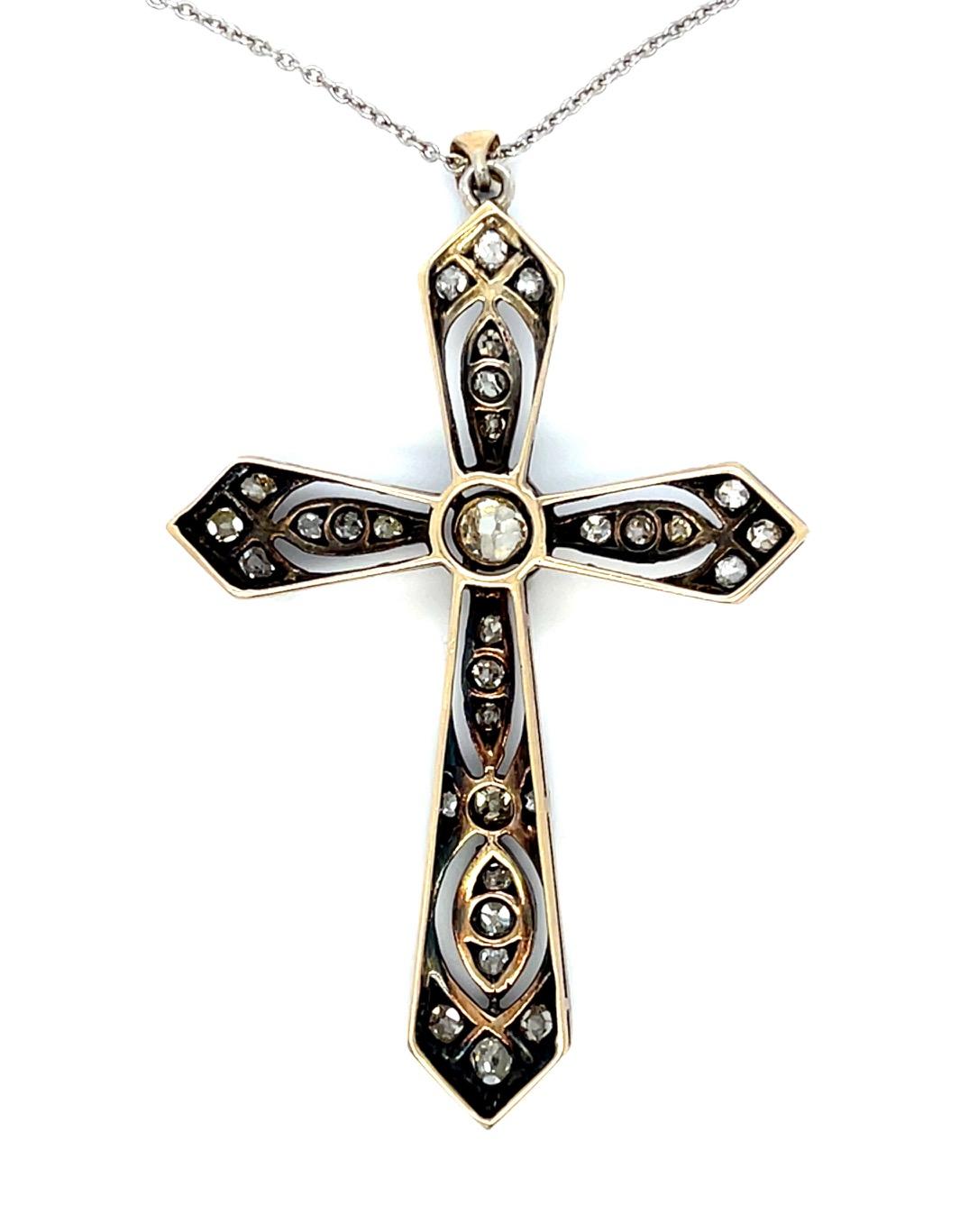 Original Victorian .25ct Euro Dia 1ct SD 14KW+Silver Cross/Pendant Antique 1880s