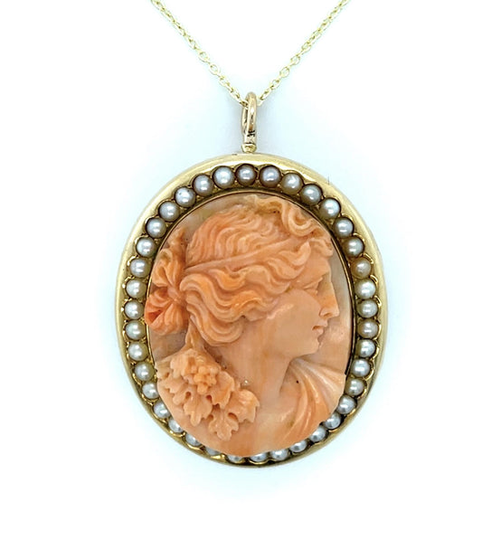 Victorian Carved Coral Lady Pearl 14KY Locket/Pendant/Brooch (Antique 1870s) 26.