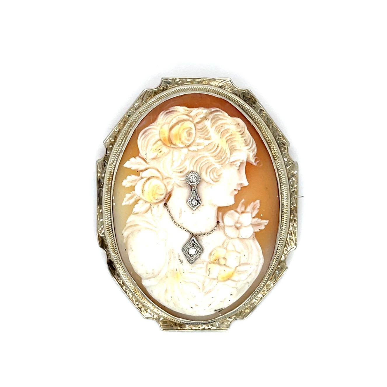 Original Art Deco .06ct Diamond Cameo Vintage Brooch (c 1930s) 2.25" 14.90g