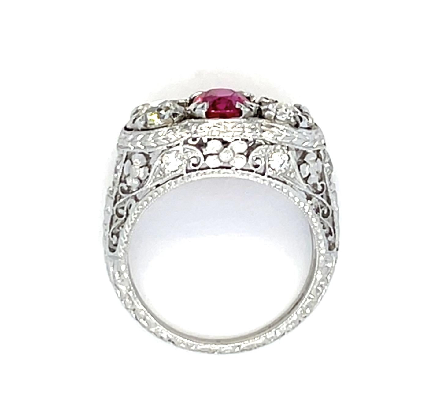 Art Deco .90ct Ruby .80ct Diamond Hand Engraved Platinum Ring (Vintage 1930s)