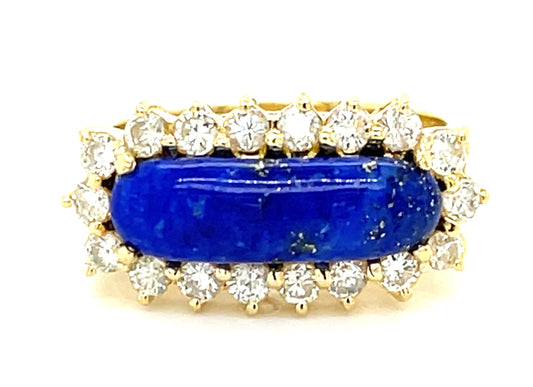 Blue Lapis Lazuli & 0.90ctw Diamond 18 Stones 18KY 6.10gr Ring Circa 1970