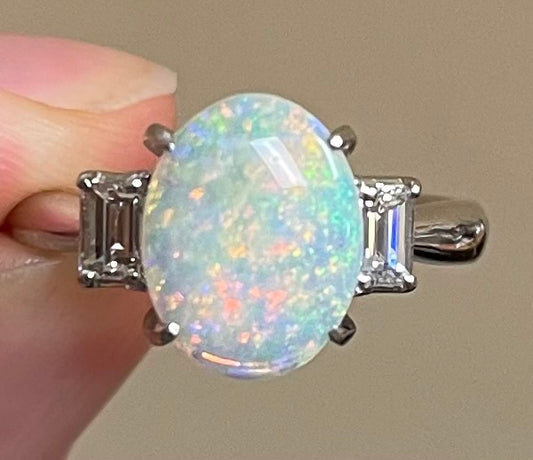 Estate  1.80ct Australian  Opal &  0.52ctw Diamond PT  6.90gr Ring Circa 1960S S