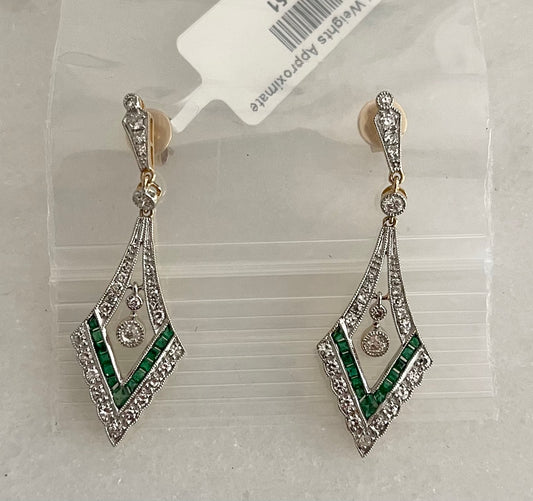 0.43ct Emerald &  0.83ctw Diamond 14KW  5.80gr Earrings Length 1.50