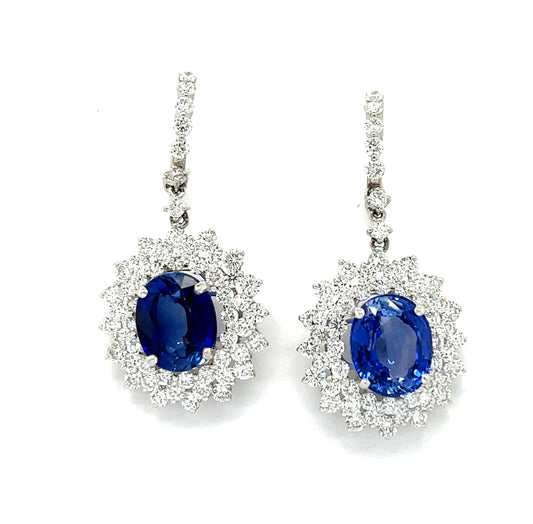 8.10ct Sapphire 18KW Drop Earrings 3.75ct Diamonds