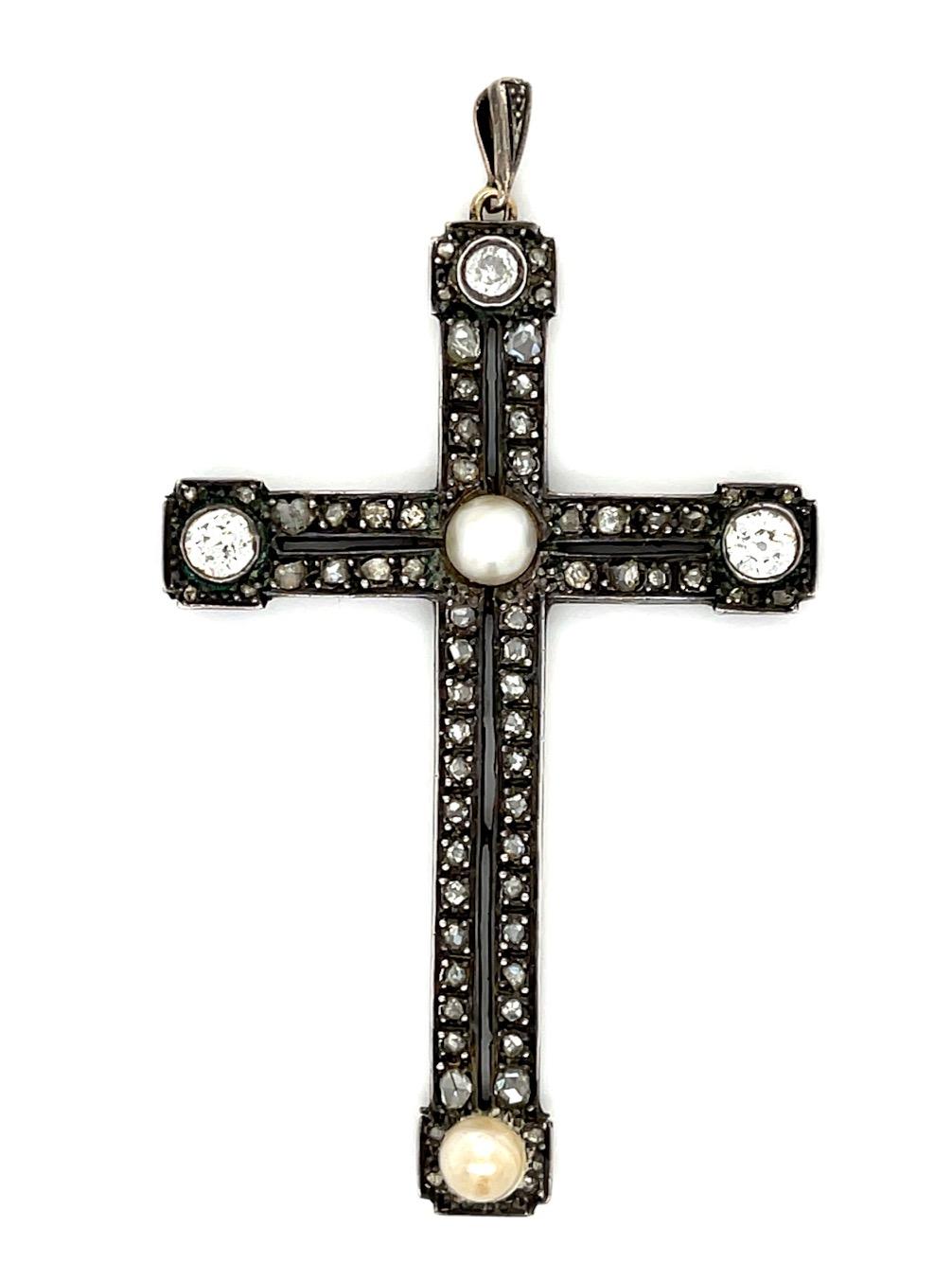 Victorian 1ct Diamond Antique Silver+14K Cross/Pendant (c:1900s) Pearl 2.75"