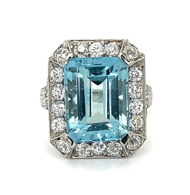 8.13ct Aquamarine 1.92ct Euro Dia PT Ring (1940s) 8.50 Size 9.09g