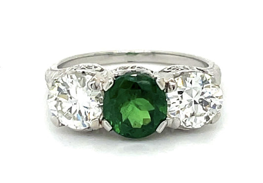 Art Deco 1.63ct Tsavorite Garnet Three Stone Vintage PT Three Stone Ring (c:1930