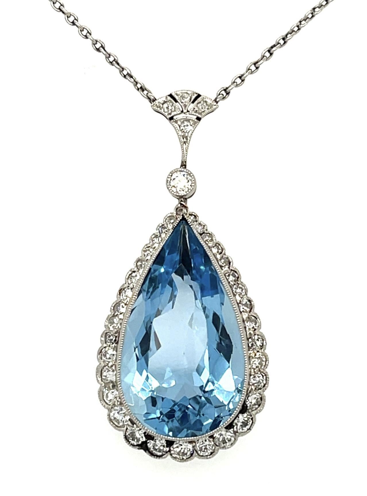 Edwardian 14ct Santa Maria Aqua .80ct Diamond PT Pendant (1900s) 16" Chain