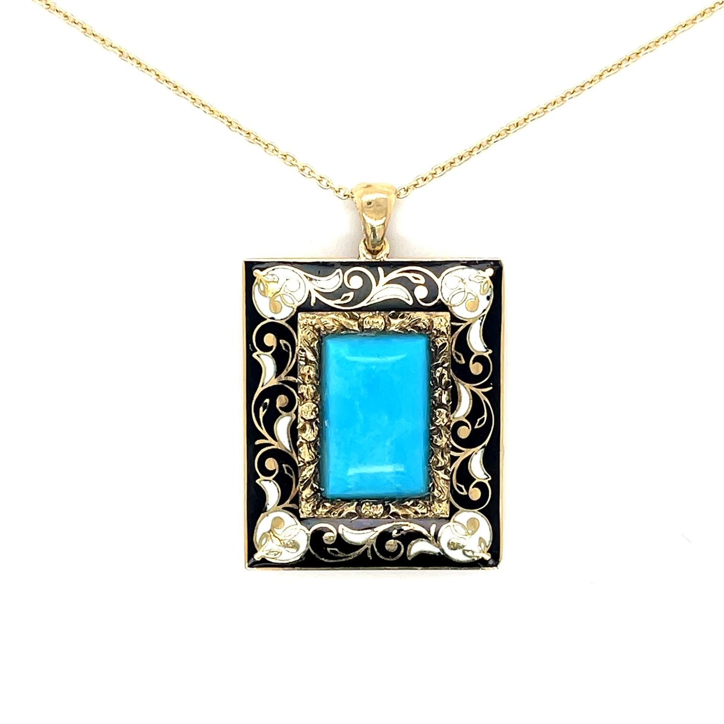 Victorian Turquoise + Enamel Antique 14KY Pndnt (Circa 1860s) 7.21g 16" Chain