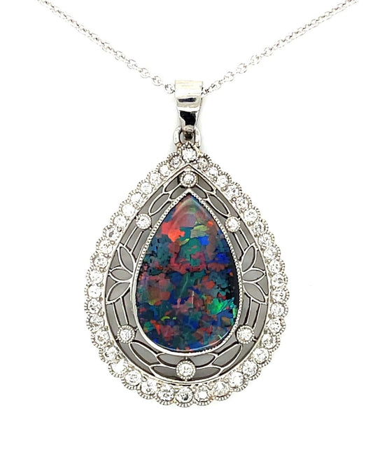 Art Deco 6ct Australian Black Opal 1.50ct Dia PT Pndnt (1920s) 7.78g 16" Chain